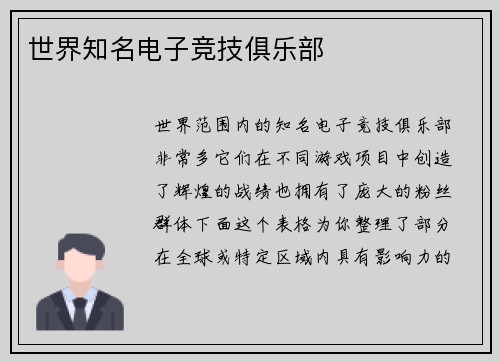 世界知名电子竞技俱乐部